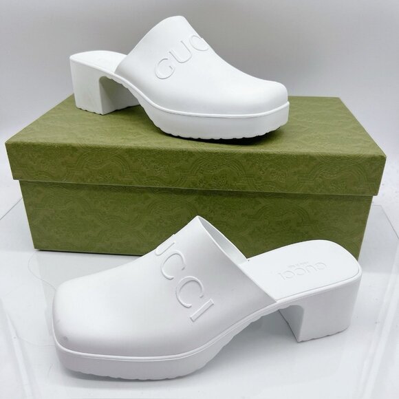 Gucci Logo Rubber Platform Heel Clogs Mules Slip On 725899 White Wms EU 39 US 9 - Picture 4 of 13